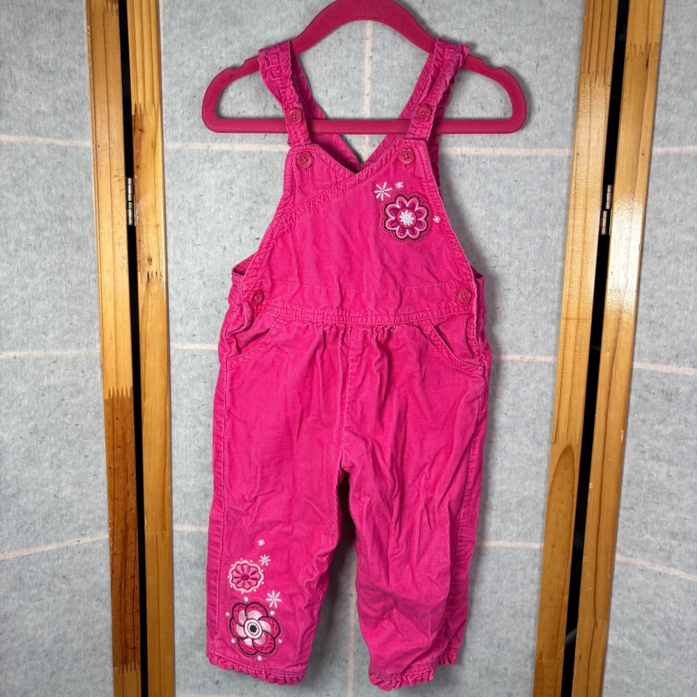 OshKosh Bgosh Corduroy Overalls Baby Girls 12M Pink Floral Embroidery Ruffle Hem